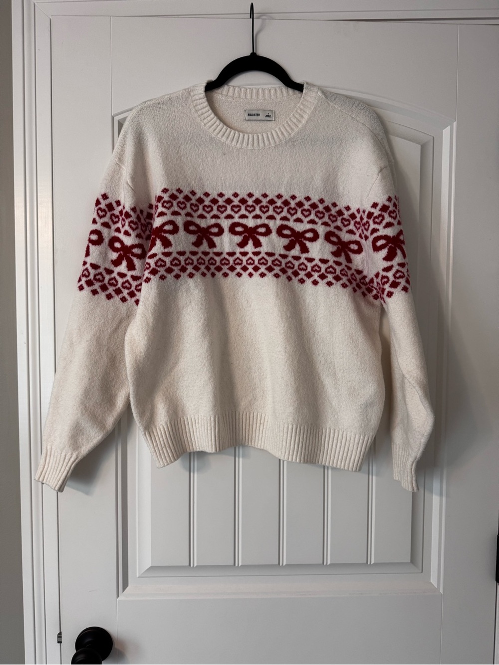 Hollister Women’s S Bow Fair Isle Sweater Ivory Red Coquette Holiday Knit